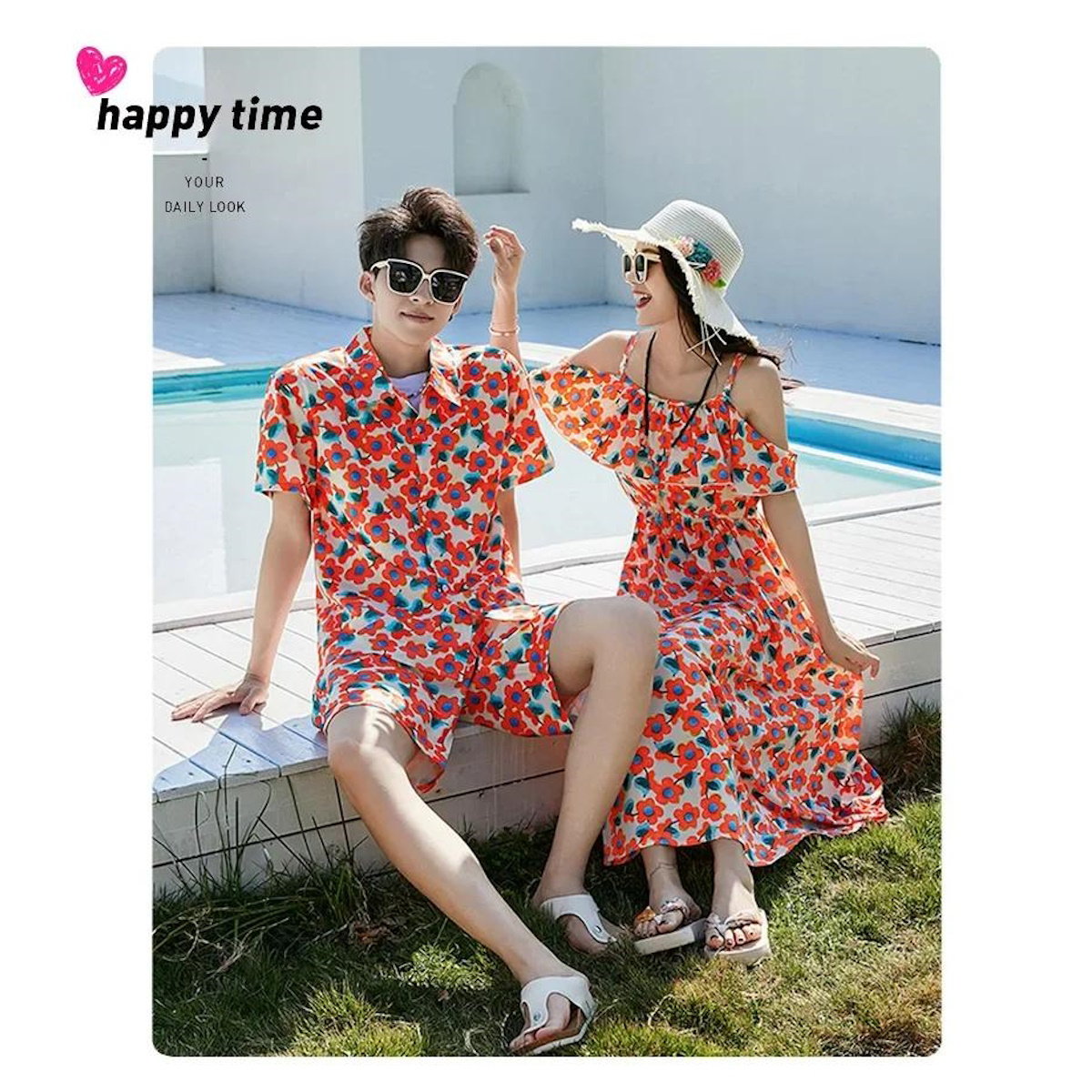 Off-Shoulder Flower Print Family Matching Dress White Shirts and Flower Print Shirts Shorts - ChildAngle Family Matching Swimsuits for Beach