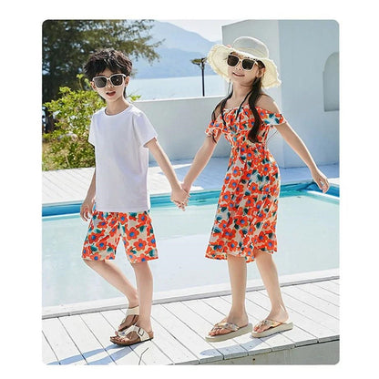 Off-Shoulder Flower Print Family Matching Dress White Shirts and Flower Print Shirts Shorts - ChildAngle Family Matching Swimsuits for Beach