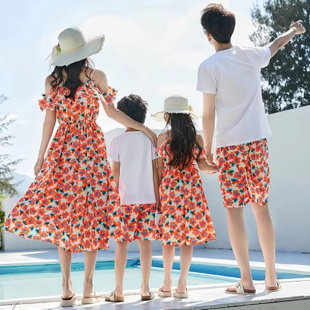 Off-Shoulder Flower Print Family Matching Dress White Shirts and Flower Print Shirts Shorts - ChildAngle Family Matching Swimsuits for Beach