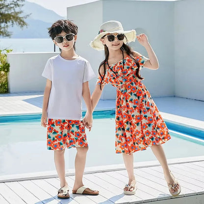 Off-Shoulder Flower Print Family Matching Dress White Shirts and Flower Print Shirts Shorts - ChildAngle Family Matching Swimsuits for Beach