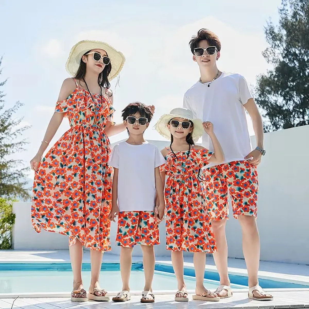 Off-Shoulder Flower Print Family Matching Dress White Shirts and Flower Print Shorts - ChildAngle Family Matching Swimsuits for Beach
