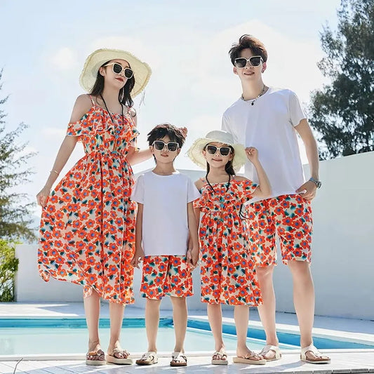 Off-Shoulder Flower Print Family Matching Dress White Shirts and Flower Print Shorts - ChildAngle Family Matching Swimsuits for Beach