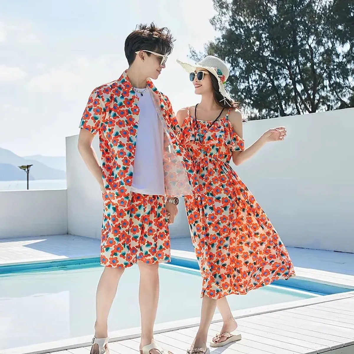Off-Shoulder Flower Print Family Matching Dress White Shirts and Flower Print Shirts Shorts - ChildAngle Family Matching Swimsuits for Beach