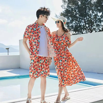 Off-Shoulder Flower Print Family Matching Dress White Shirts and Flower Print Shirts Shorts - ChildAngle Family Matching Swimsuits for Beach