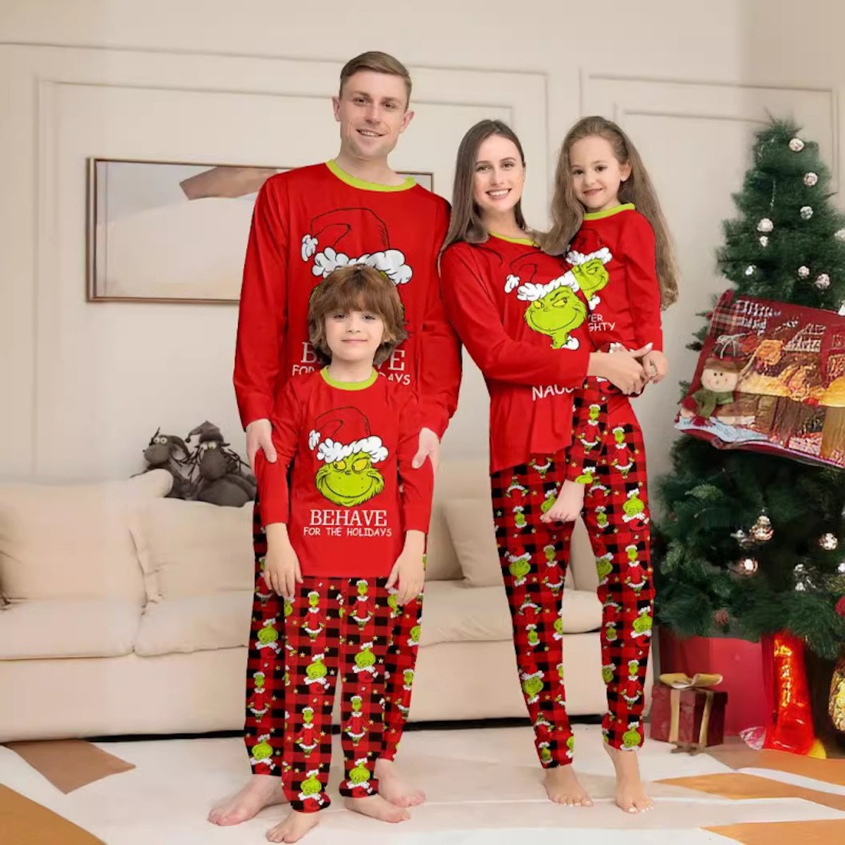 Grinch Family Pajamas for Christmas Behave for The Holiday Christmas Grinch Allover Print Plaid Pants - ChildAngle