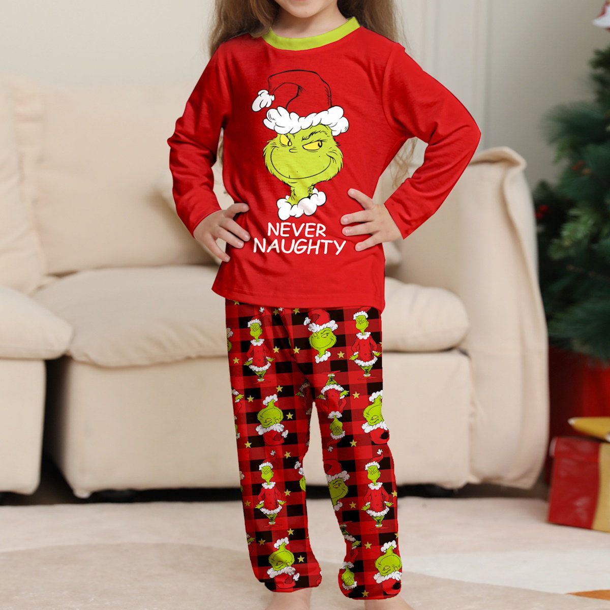 Grinch Family Pajamas for Christmas Behave for The Holiday Christmas Grinch Allover Print Plaid Pants - ChildAngle