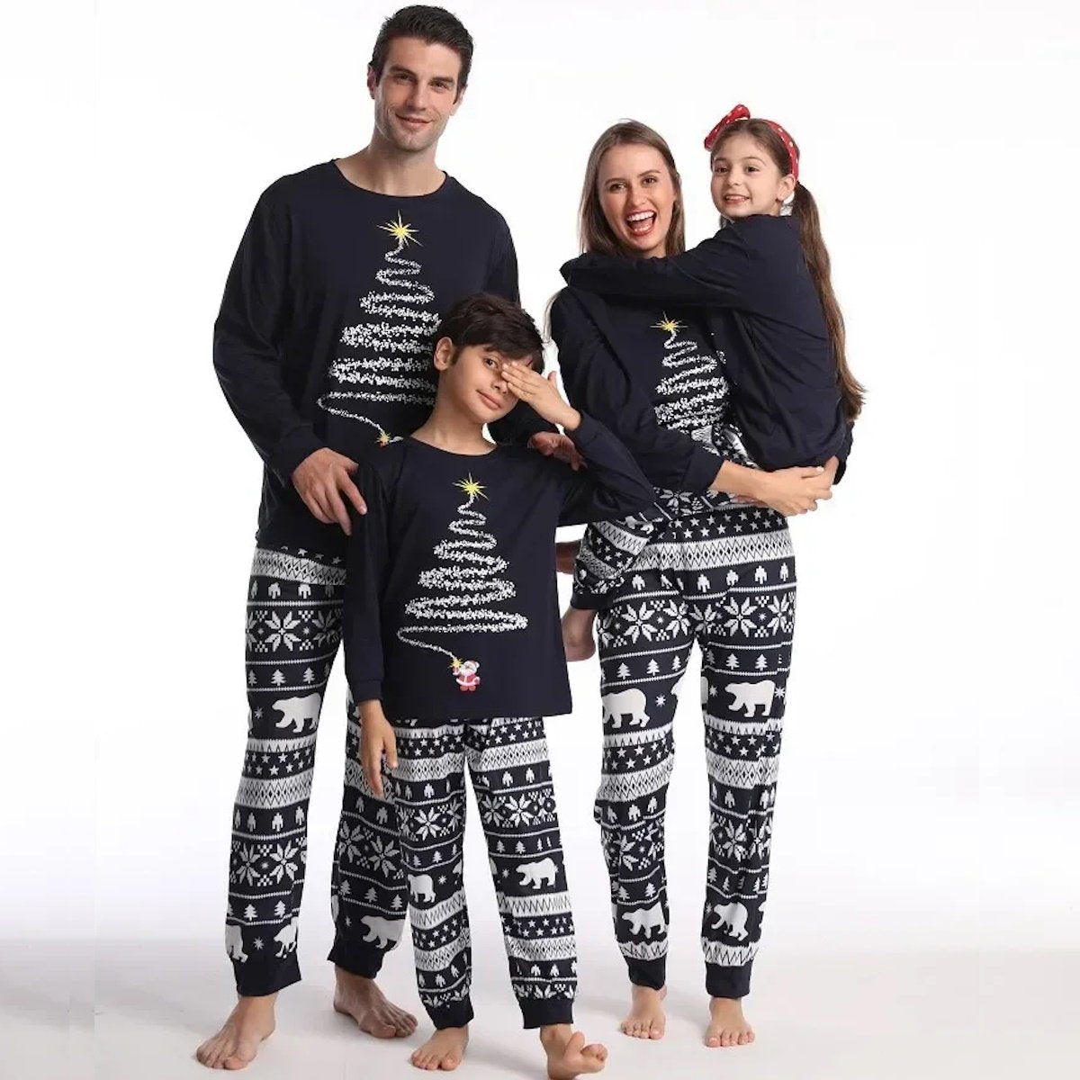 Black Santa Claus Firework Christmas Tree Polar Bear Snowflake Family Christmas Pajamas - ChildAngle Family matching Christmas-themed pajamas 