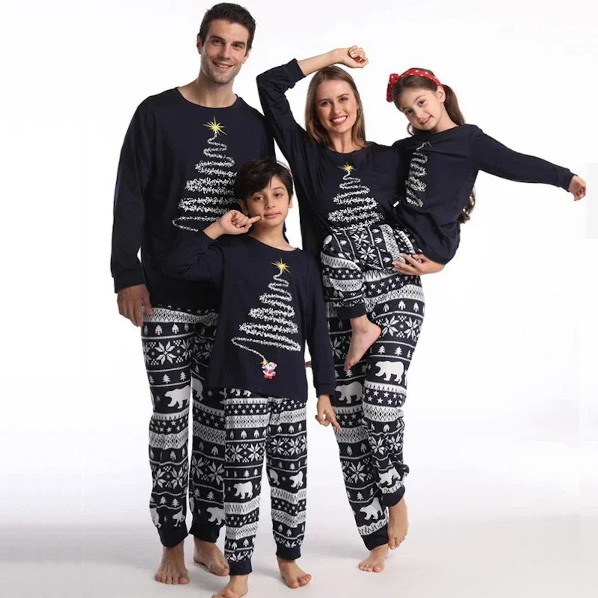 Black Santa Claus Firework Christmas Tree Polar Bear Snowflake Family Christmas Pajamas - ChildAngle Family matching Christmas-themed pajamas 