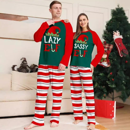 Lazy Elf Sassy Elf Naughtiest Elf Family Matching Christmas Pajamas Striped Family Pajama Set - ChildAngle