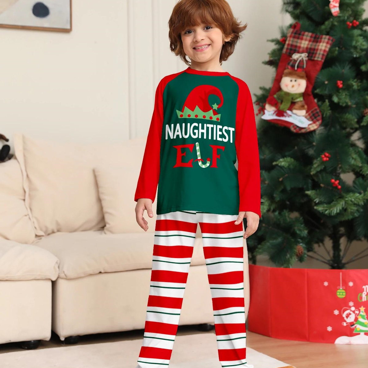 Lazy Elf Sassy Elf Naughtiest Elf Family Matching Christmas Pajamas Striped Family Pajama Set - ChildAngle