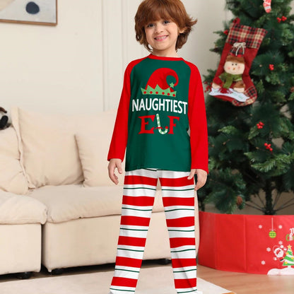 Lazy Elf Sassy Elf Naughtiest Elf Family Matching Christmas Pajamas Striped Family Pajama Set - ChildAngle