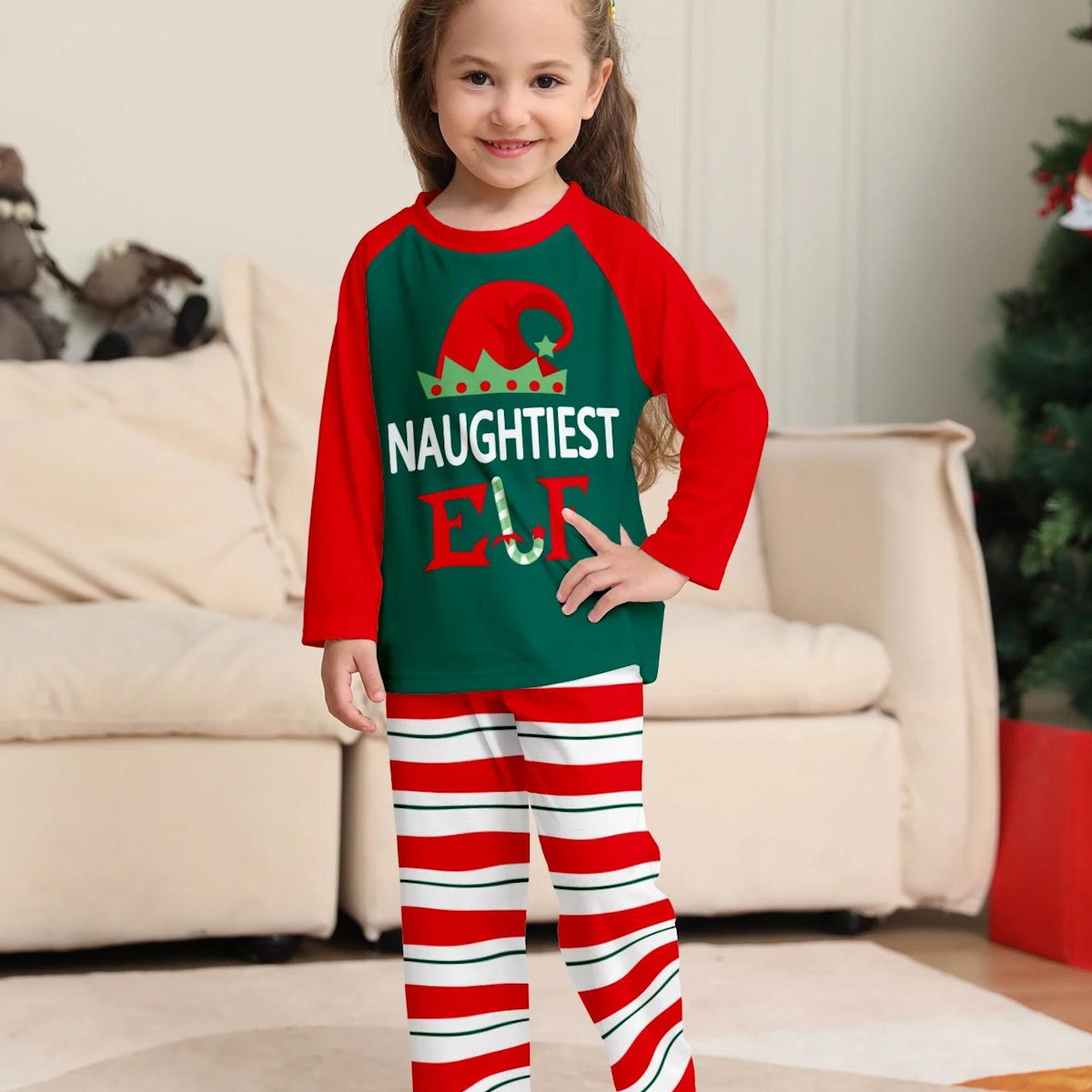 Lazy Elf Sassy Elf Naughtiest Elf Family Matching Christmas Pajamas Striped Family Pajama Set - ChildAngle