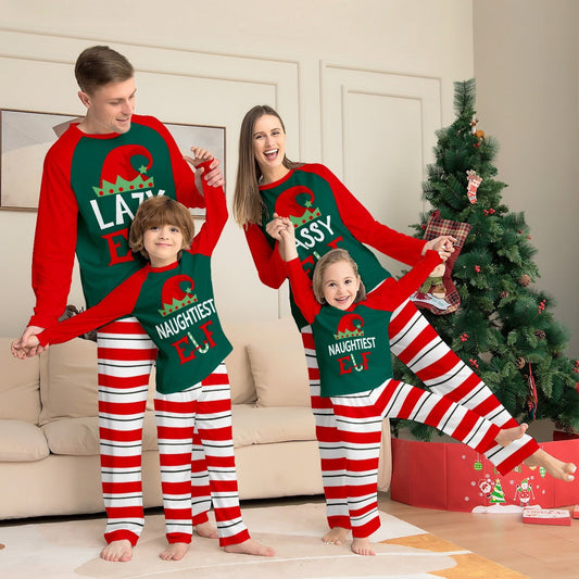Lazy Elf Sassy Elf Naughtiest Elf Family Matching Christmas Pajamas Striped Family Pajama Set - ChildAngle