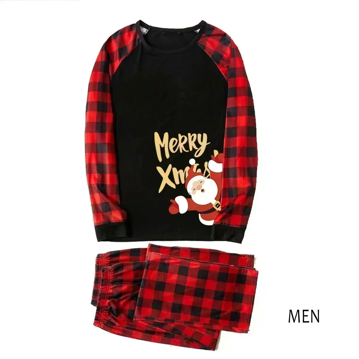 Family Christmas pajama set with red and black plaid details and 'Merry X'mas' text - ChildAngle