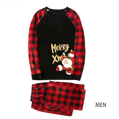 Family Christmas pajama set with red and black plaid details and 'Merry X'mas' text - ChildAngle