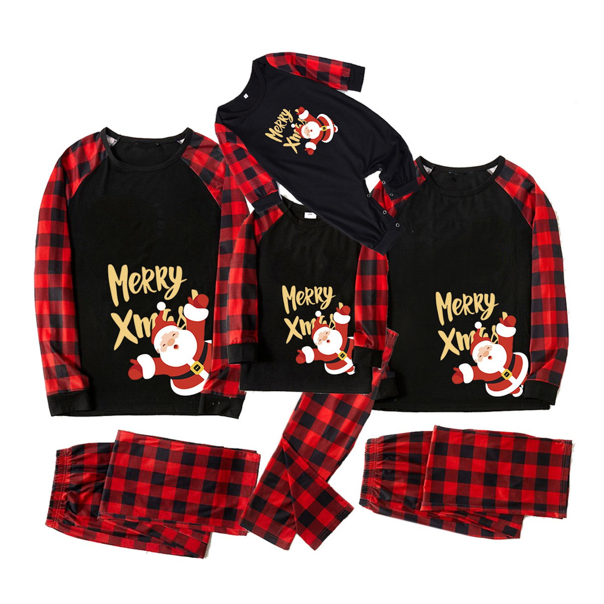 Family Christmas pajama set with red and black plaid details and 'Merry X'mas' text - ChildAngle