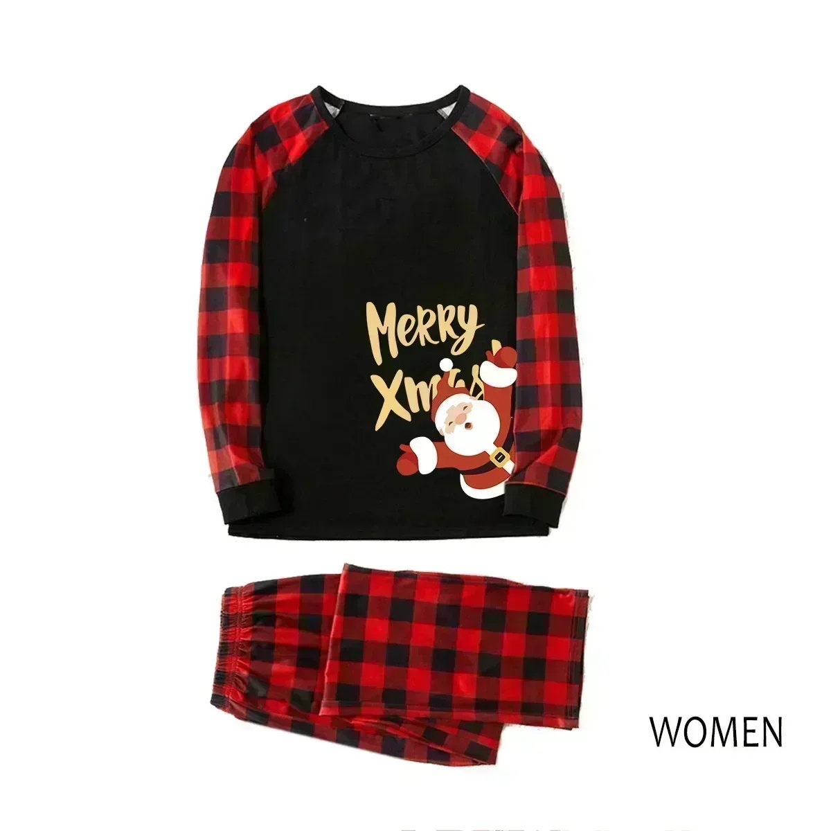 Family Christmas pajama set with red and black plaid details and 'Merry X'mas' text - ChildAngle