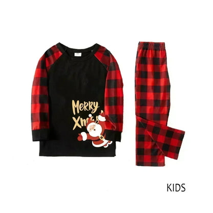 Family Christmas pajama set with red and black plaid details and 'Merry X'mas' text - ChildAngle