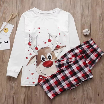 Christmas-themed pajama set with reindeer design and plaid pants - ChildAngle Family Matching Pajama Set