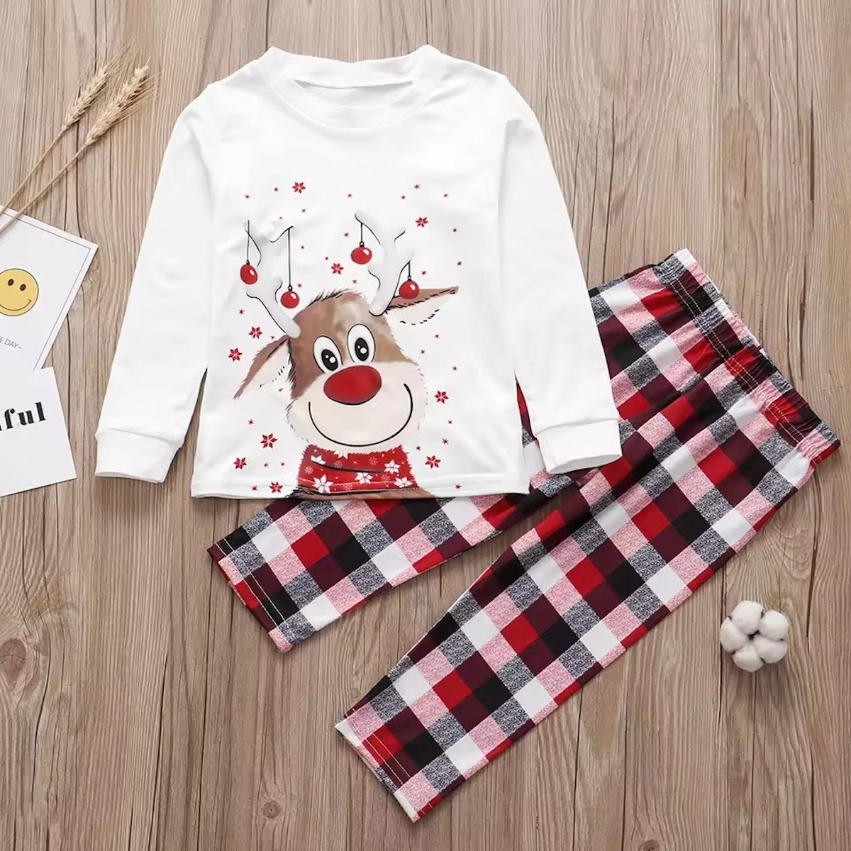 Christmas-themed pajama set with reindeer design and plaid pants - ChildAngle Family Matching Pajama Set