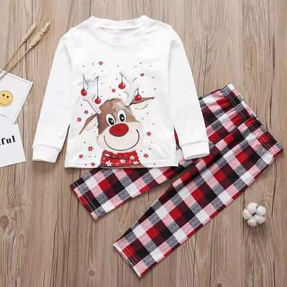 Christmas-themed pajama set with reindeer design and plaid pants - ChildAngle Family Matching Pajama Set