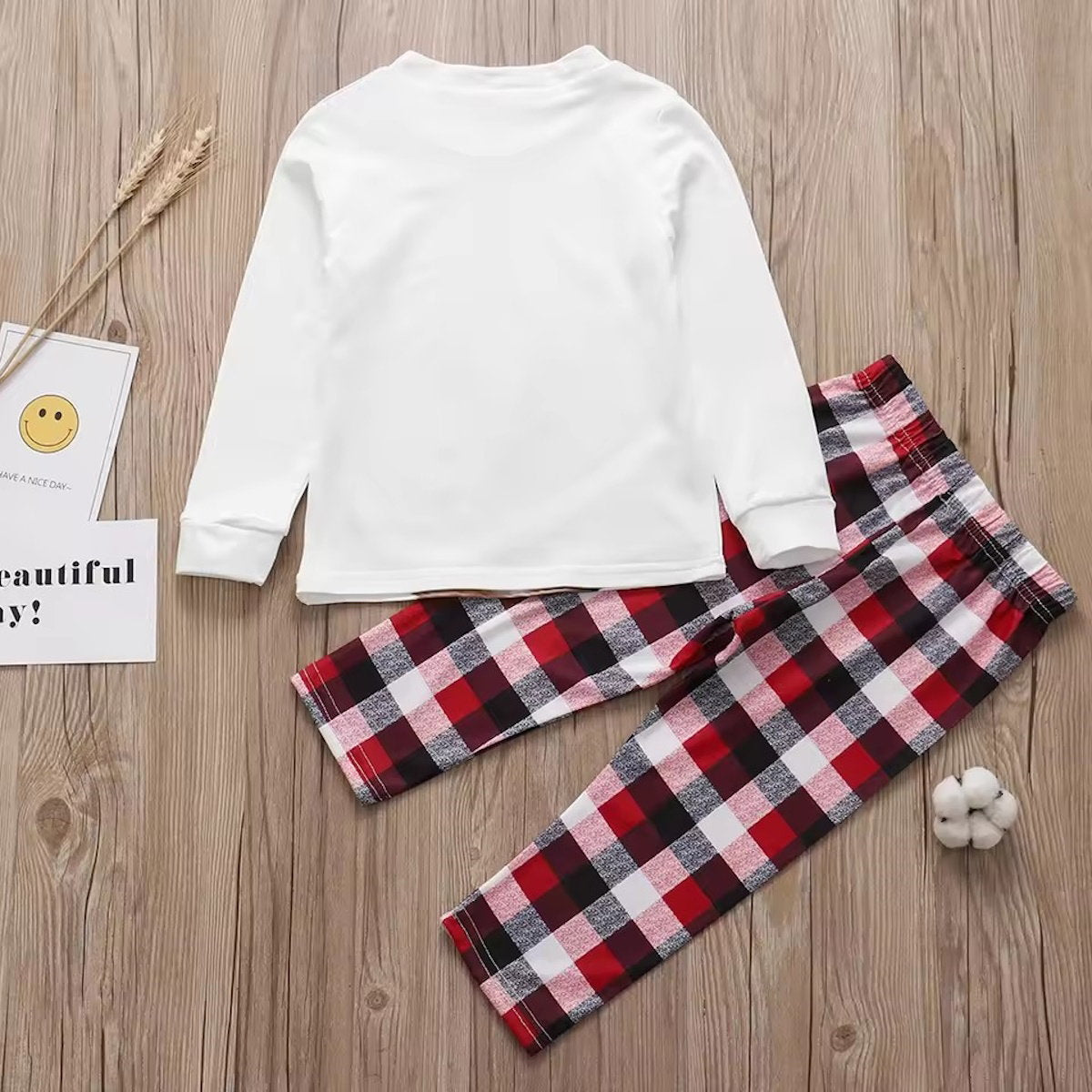 Christmas-themed pajama set with reindeer design and plaid pants - ChildAngle Family Matching Pajama Set
