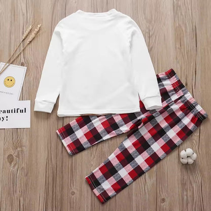 Christmas-themed pajama set with reindeer design and plaid pants - ChildAngle Family Matching Pajama Set