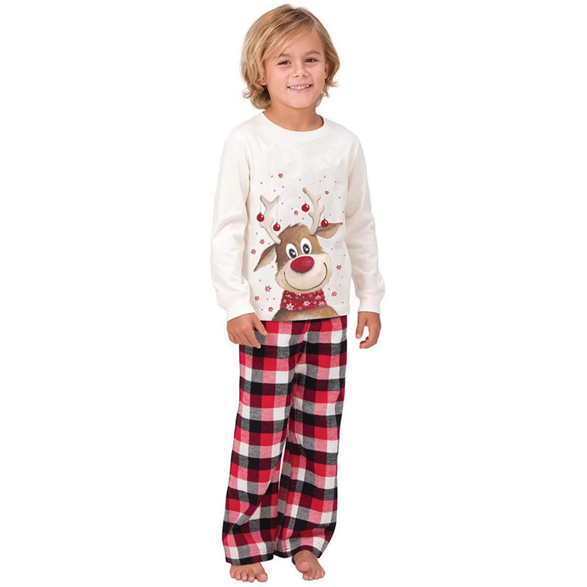 Christmas-themed pajama set with reindeer design and plaid pants - ChildAngle Family Matching Pajama Set