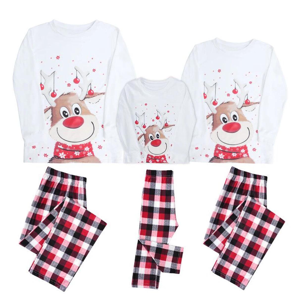 Christmas-themed pajama set with reindeer design and plaid pants - ChildAngle Family Matching Pajama Set