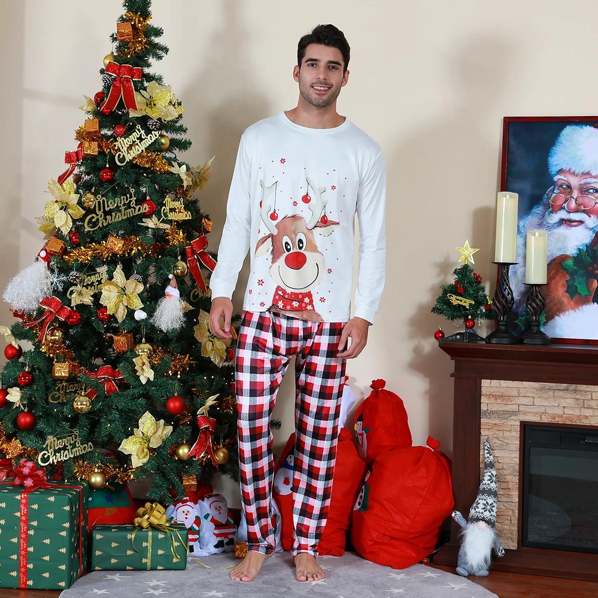 Christmas-themed pajama set with reindeer design and plaid pants - ChildAngle Family Matching Pajama Set