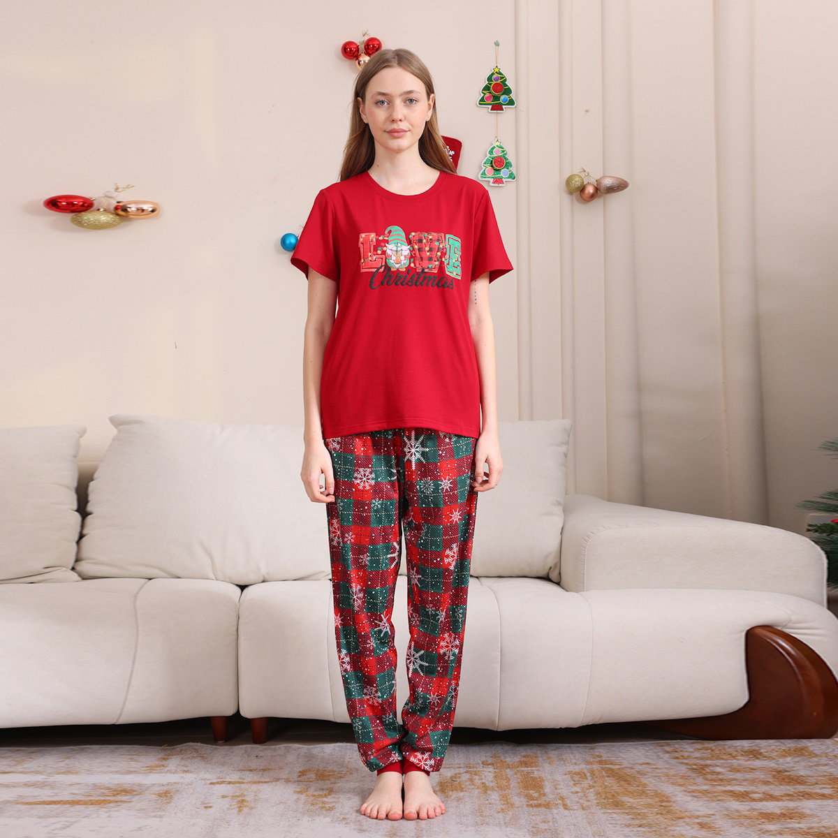 Red Snowflake and LOVE Christmas Short Sleeve Family Matching Pajamas - ChildAngle