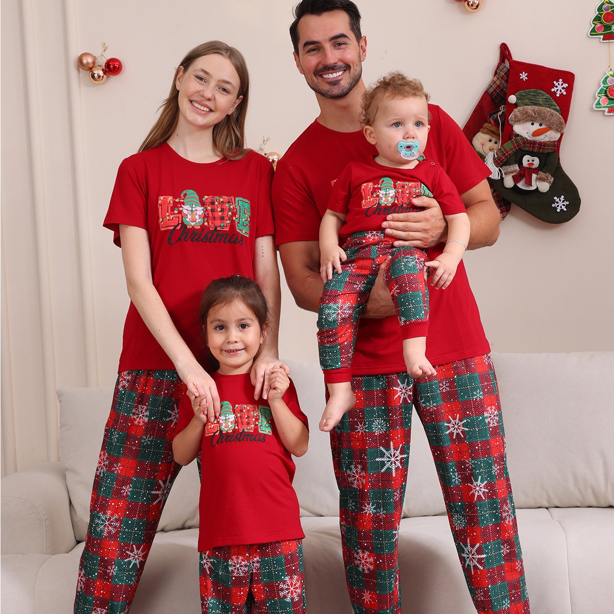 Red Snowflake and LOVE Christmas Short Sleeve Family Matching Pajamas - ChildAngle