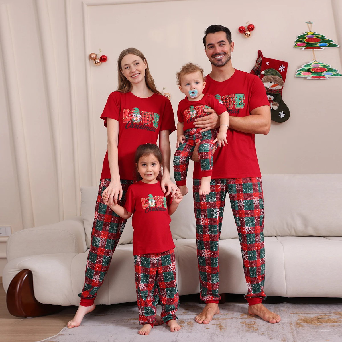 Red Snowflake and LOVE Christmas Short Sleeve Family Matching Pajamas - ChildAngle