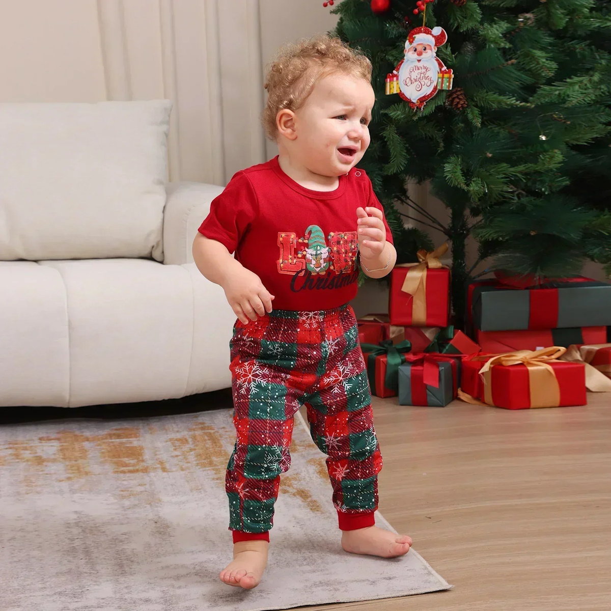 Red Snowflake and LOVE Christmas Short Sleeve Family Matching Pajamas - ChildAngle