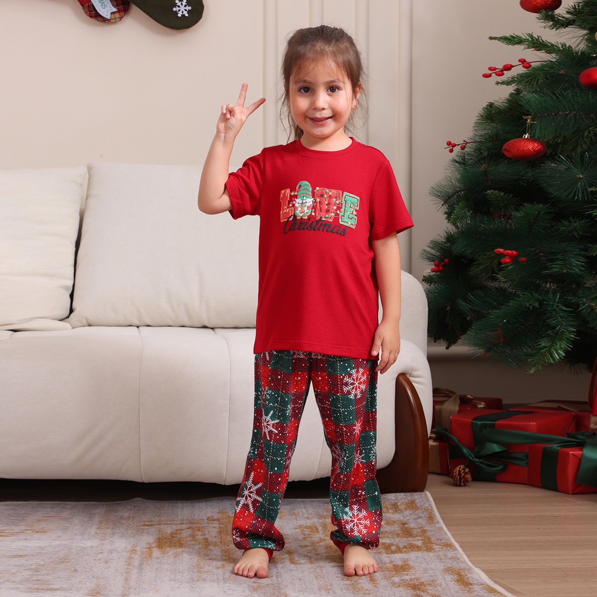 Red Snowflake and LOVE Christmas Short Sleeve Family Matching Pajamas - ChildAngle