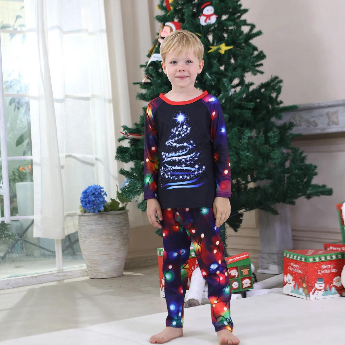 Blue String Light Family Matching Pajama Set for Christmas - ChildAngle