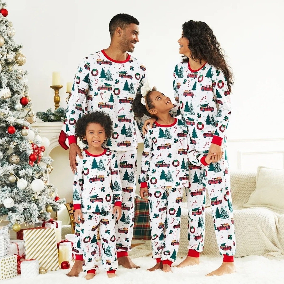 Family matching Christmas-themed pajamas Allover Truck Christmas Tree Pajama Set - ChildAngle