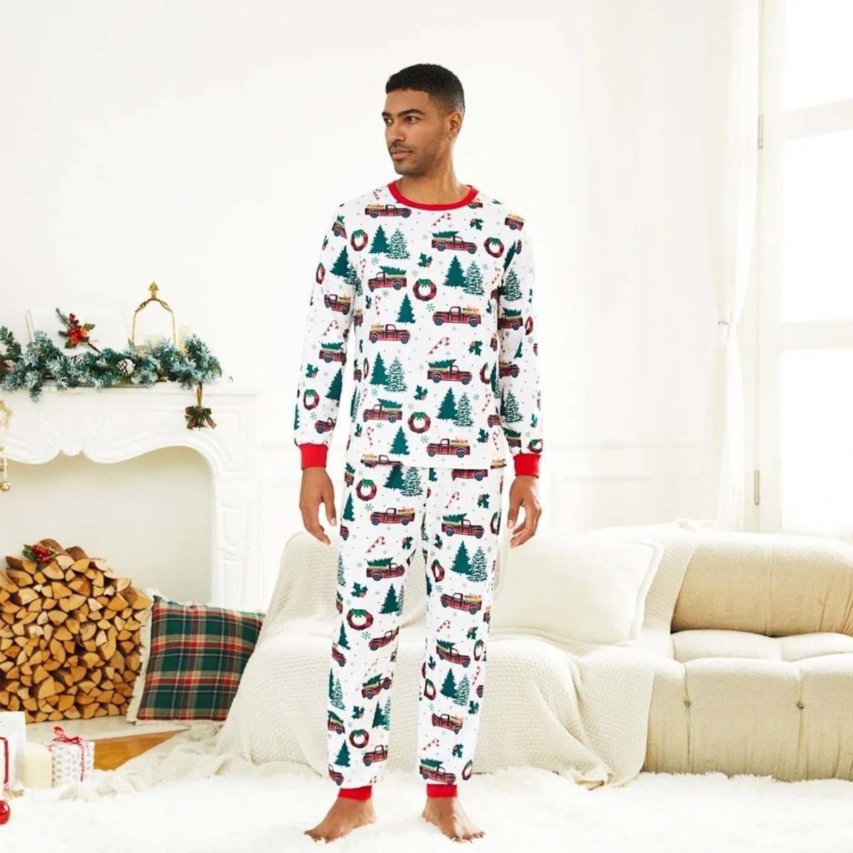 Family matching Christmas-themed pajamas Allover Truck Christmas Tree Pajama Set - ChildAngle
