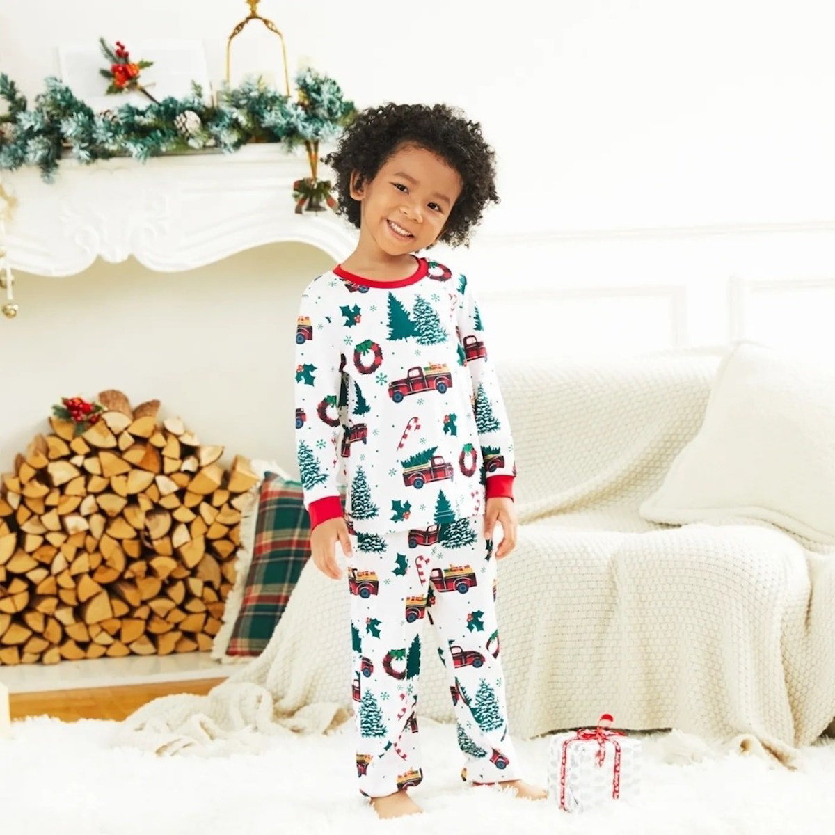 Family matching Christmas-themed pajamas Allover Truck Christmas Tree Pajama Set - ChildAngle