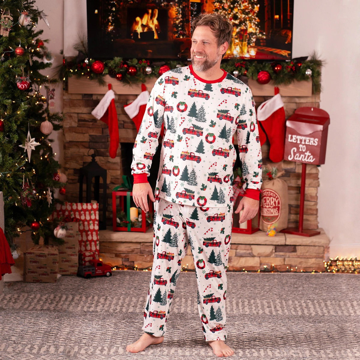 Family matching Christmas-themed pajamas Allover Truck Christmas Tree Pajama Set - ChildAngle