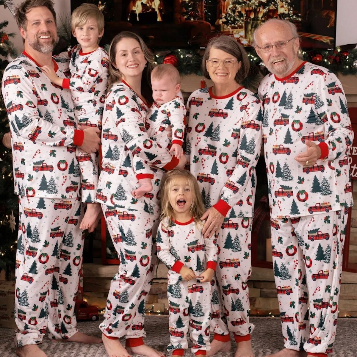 Family matching Christmas-themed pajamas Allover Truck Christmas Tree Pajama Set - ChildAngle