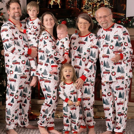 Family matching Christmas-themed pajamas Allover Truck Christmas Tree Pajama Set - ChildAngle