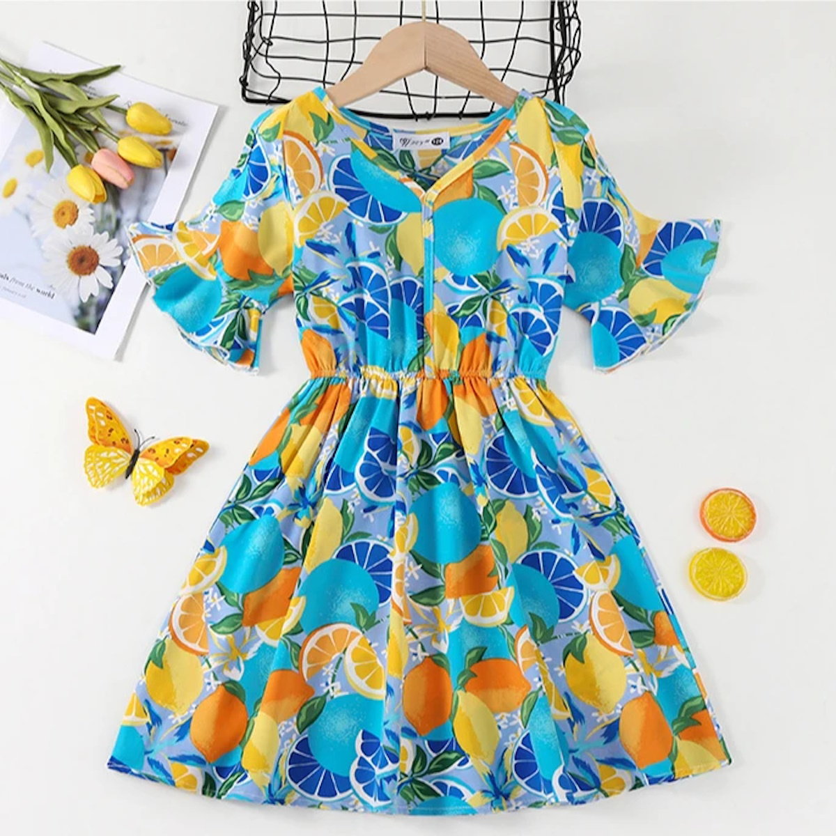 Family Matching Summer Fruit Print Blue Flared Sleeve Dress and Polo Shirts and Shorts Set - ChildAngle