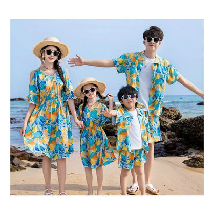Family Matching Summer Fruit Print Blue Flared Sleeve Dress and Polo Shirts and Shorts Set - ChildAngle