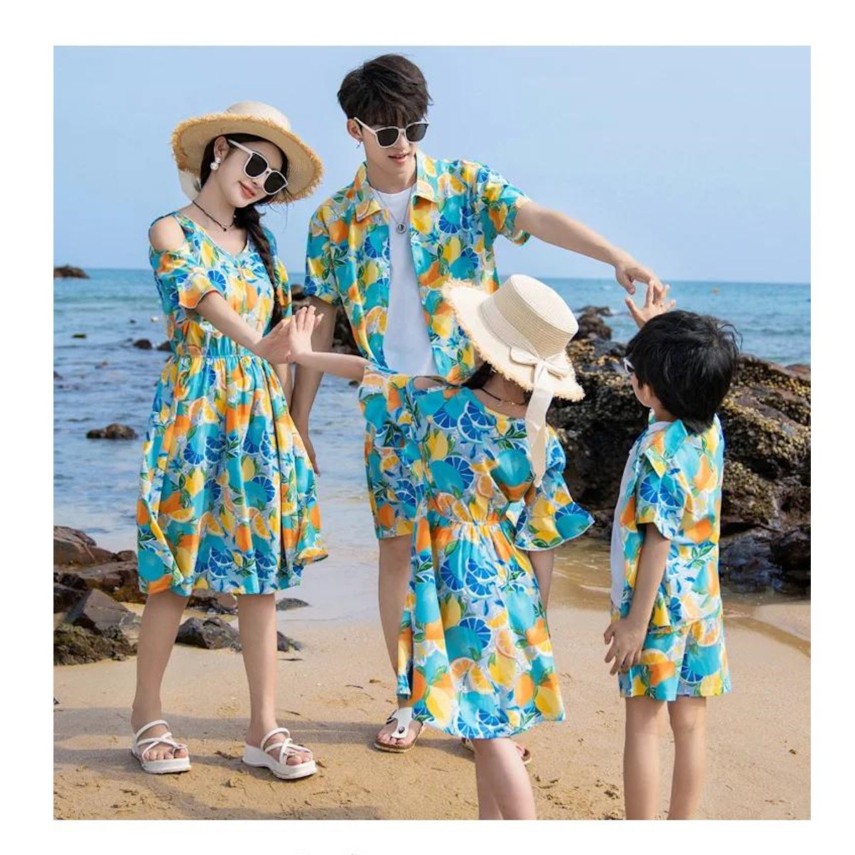 Family Matching Summer Fruit Print Blue Flared Sleeve Dress and Polo Shirts and Shorts Set - ChildAngle