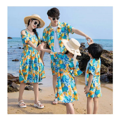 Family Matching Summer Fruit Print Blue Flared Sleeve Dress and Polo Shirts and Shorts Set - ChildAngle