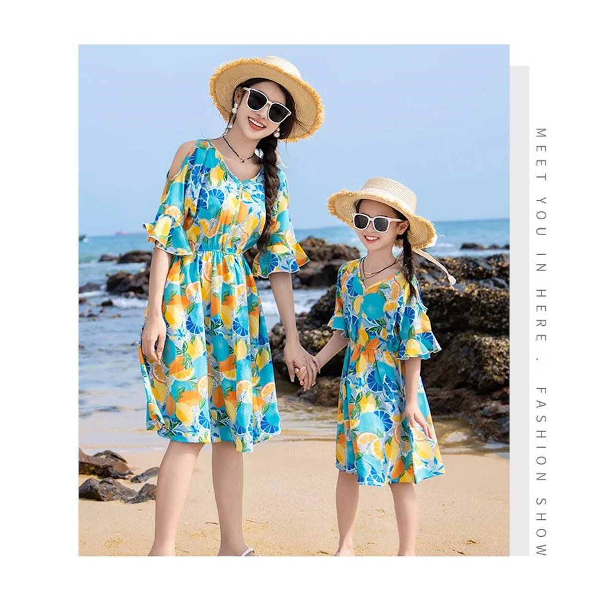 Family Matching Summer Fruit Print Blue Flared Sleeve Dress and Polo Shirts and Shorts Set - ChildAngle