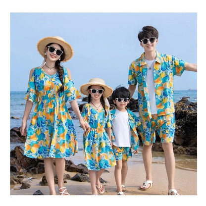 Family Matching Summer Fruit Print Blue Flared Sleeve Dress and Polo Shirts and Shorts Set - ChildAngle