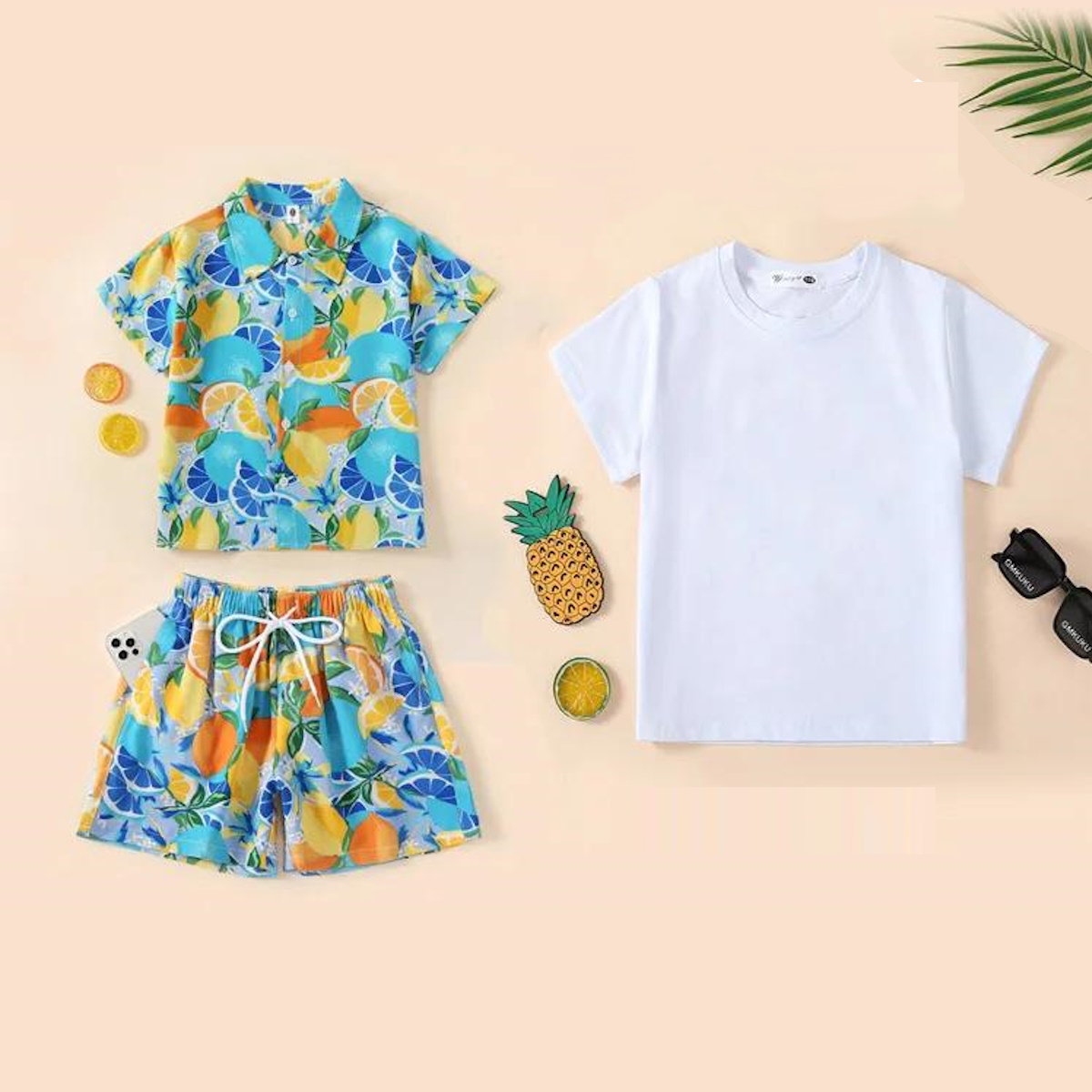 Family Matching Summer Fruit Print Blue Flared Sleeve Dress and Polo Shirts and Shorts Set - ChildAngle