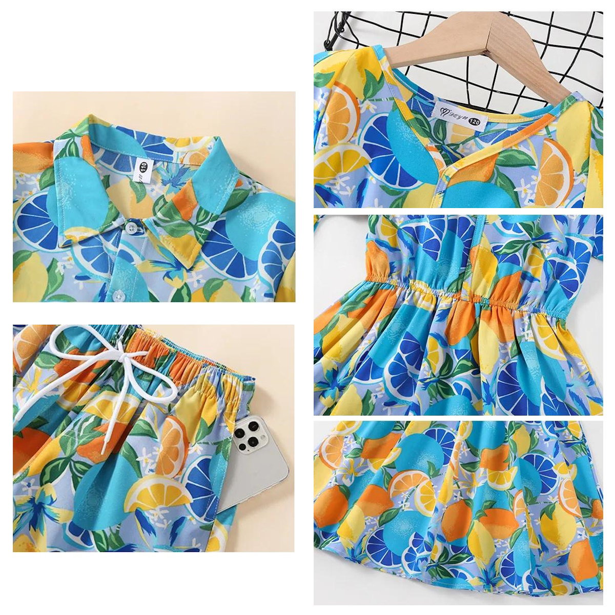 Family Matching Summer Fruit Print Blue Flared Sleeve Dress and Polo Shirts and Shorts Set - ChildAngle